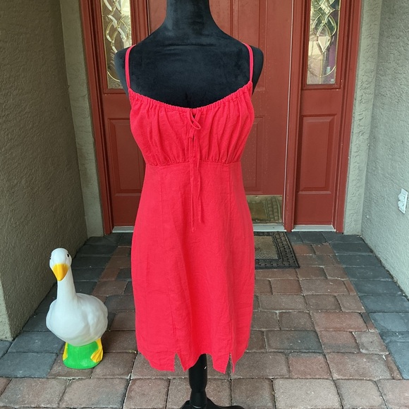 Red Linen Blend Empire Waist Boho Mini Dress - Picture 1 of 6